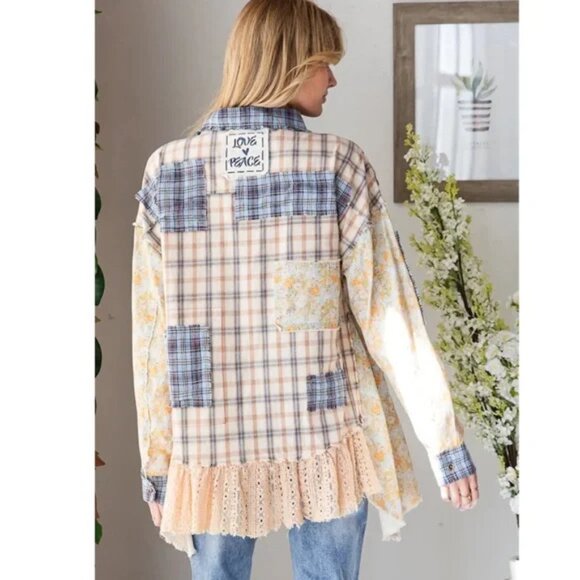 Oli & Hali Ruffled Lace Button Up Plaid Shirt with Pockets - NWT - Blue - XL - Picture 5 of 5